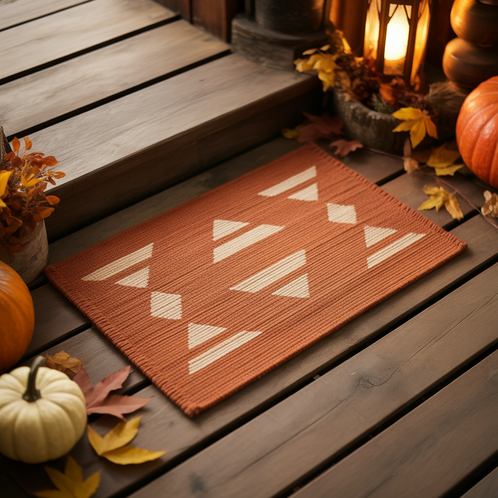 10 Cozy DIY Halloween Boho Door Mats for a Welcoming Entry 10 Boho Halloween doormat with terracotta and rust geometric designs.