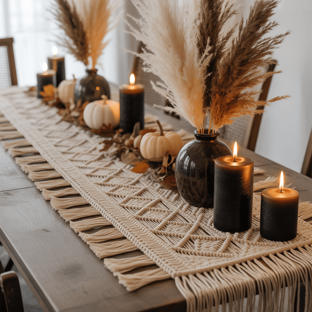  Boho Halloween macramé table runner with dried flowers and candles.
