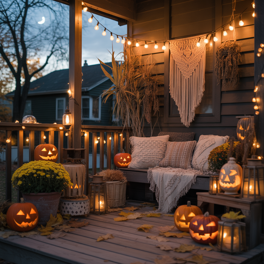 10 Boho Halloween Porch Ideas for a Cozy Outdoor Vibe 11  Boho Halloween porch glowing with string lights, lanterns, and Edison bulbs.