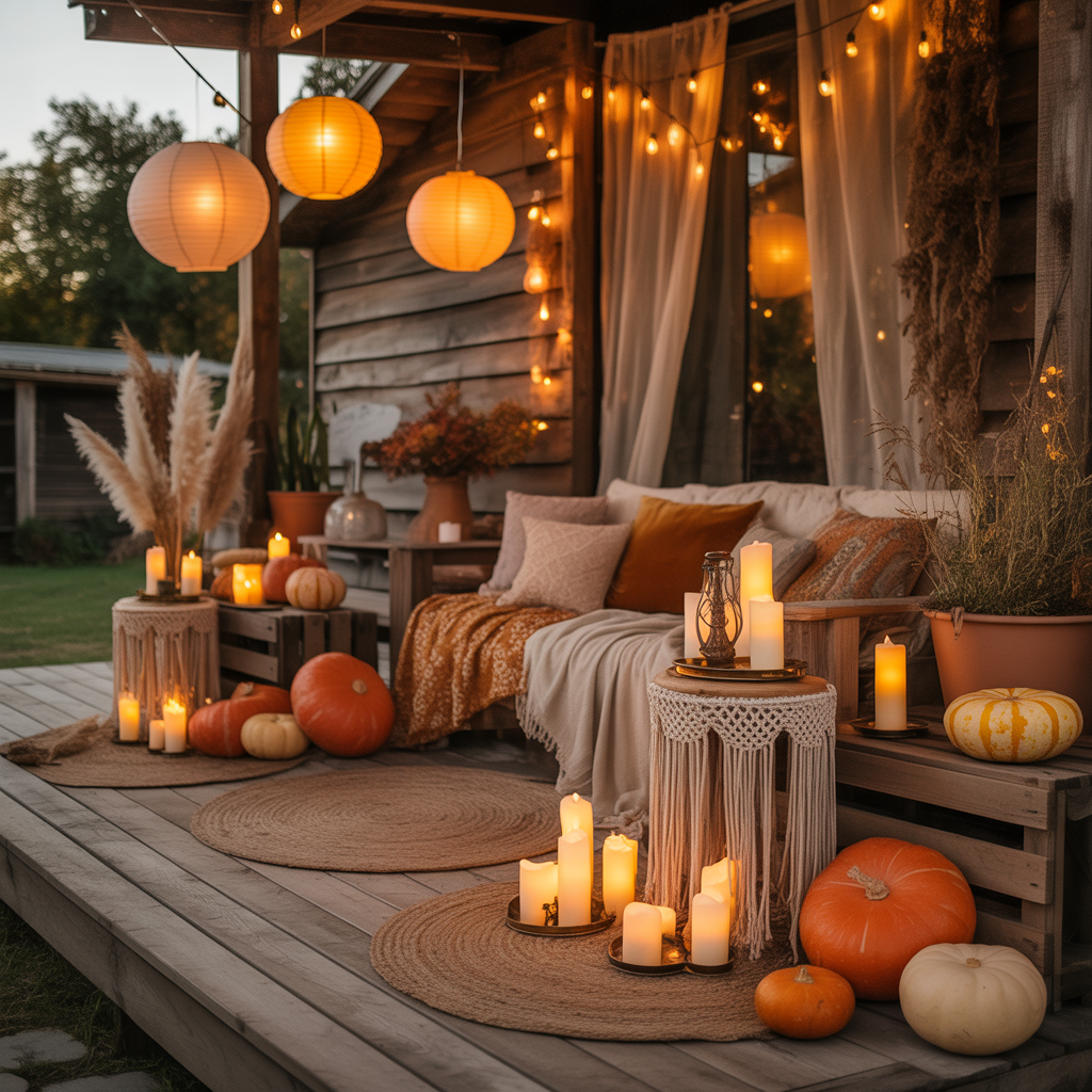 10 Boho Halloween Porch Ideas for a Cozy Outdoor Vibe 7  Boho Halloween porch with glowing lanterns and LED candles for a soft mystical atmosphere.