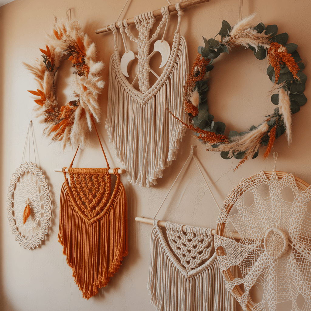 Boho Halloween wall collage with macramé, moons, and lace pieces.