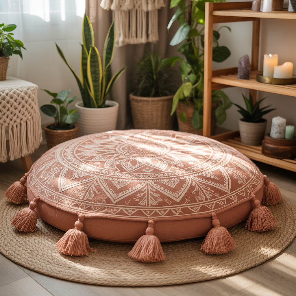 Boho Meditation Corner: 10 Brilliant Ideas 3 Boho Meditation Corner with a cozy mandala-patterned floor cushion in a serene home space.