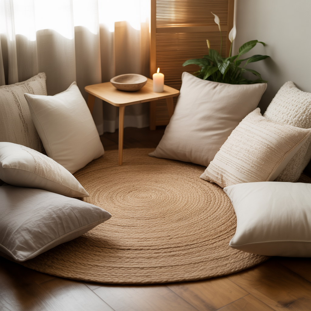 10 Beautiful Boho Meditation Corner Ideas You Can Create at Home 4 Boho Meditation Corner with a natural jute rug and low seating.