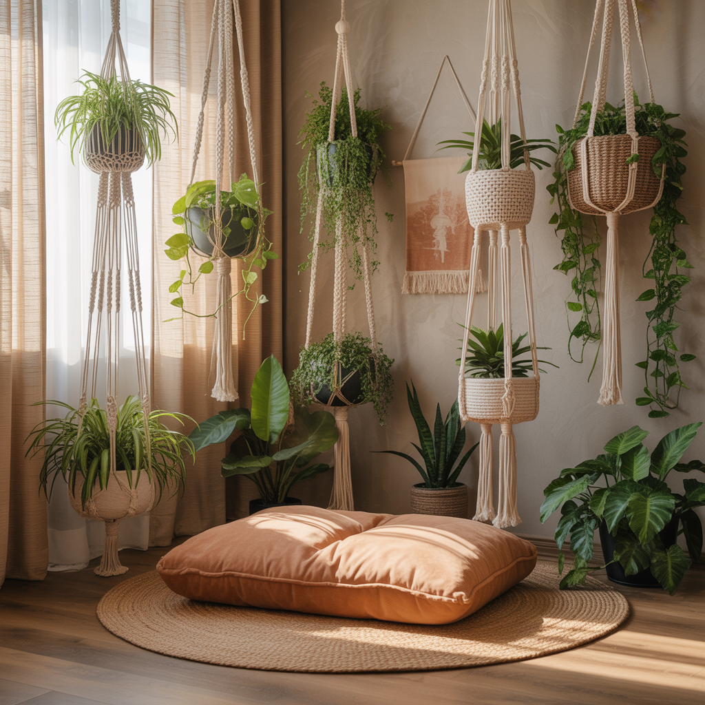 Boho Meditation Corner: 10 Brilliant Ideas 5 Boho Meditation Corner with calming plants in macramé hangers at home.