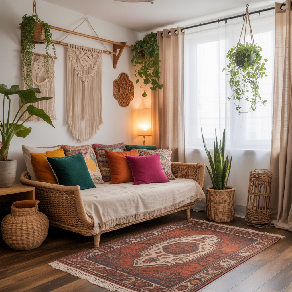 10 Best Boho Studio Apartment Ideas to Maximize Small Spaces 1 Boho Studio Apartment Ideas with a rattan daybed and colorful pillows in a small space.