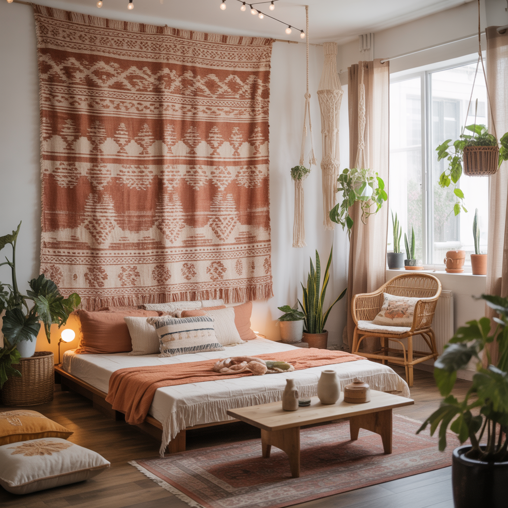 10 Best Boho Studio Apartment Ideas to Maximize Small Spaces 6 Boho Studio Apartment Ideas with a woven tapestry accent wall in a small apartment.