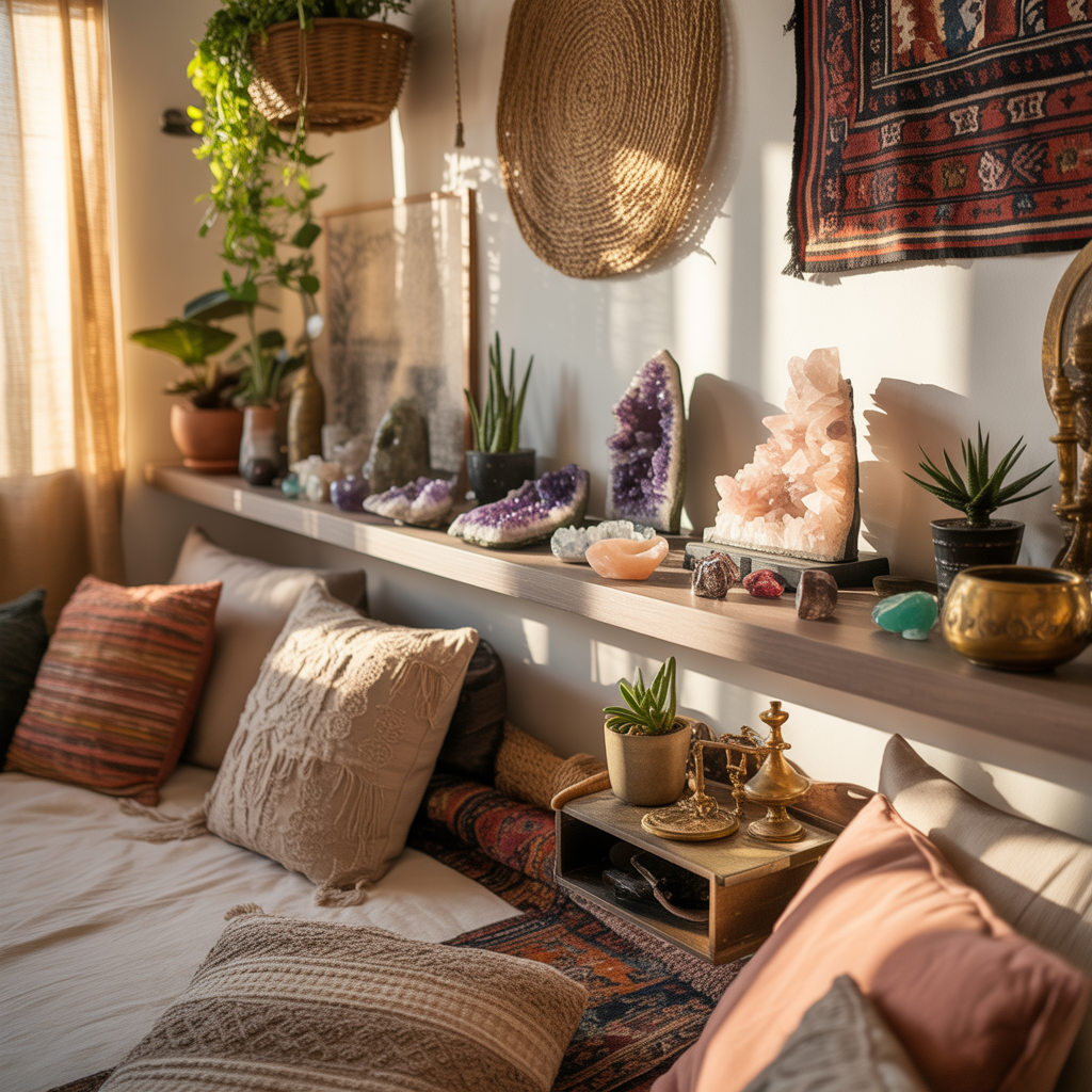 10 Best Boho Studio Apartment Ideas to Maximize Small Spaces 10 Boho Studio Apartment Ideas with crystals and trinkets on a shelf in a small apartment.