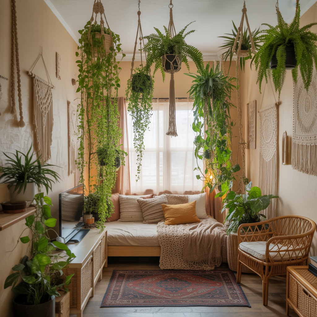 10 Best Boho Studio Apartment Ideas to Maximize Small Spaces 3 Boho Studio Apartment Ideas with lush plants in macramé hangers in a small apartment.