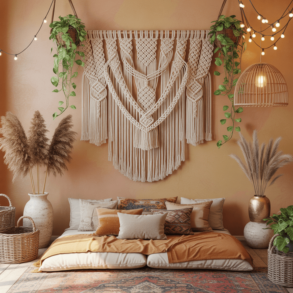 Boho accent wall with tapestry in a Boho Aesthetic Room Décor setup.