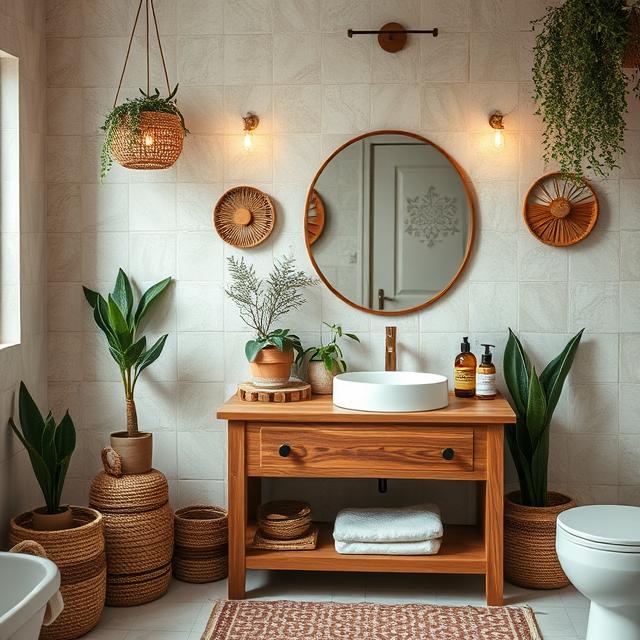 10 Boho Bathroom Ideas: Turn Your Bath Into a Relaxing Oasis 3 Boho bathroom with rattan accents, plants, and neutral colors.