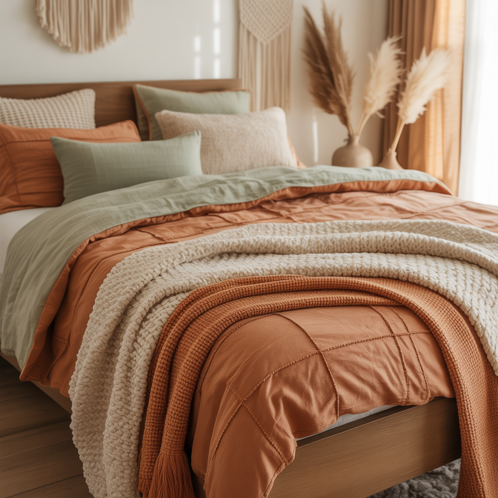 10 Boho Bedding Trends 2025: Colors, Textures & Styles You’ll Love 3 Boho bedding in terracotta, sage green, and cream tones layered on a bed.