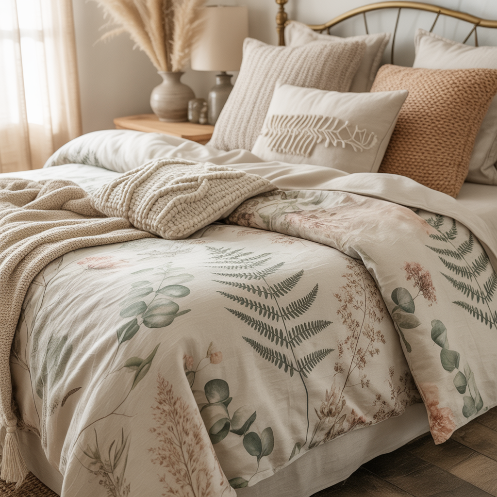 10 Boho Bedding Trends 2025: Colors, Textures & Styles You’ll Love 5 Boho bedding with soft botanical print layered among mixed textures.