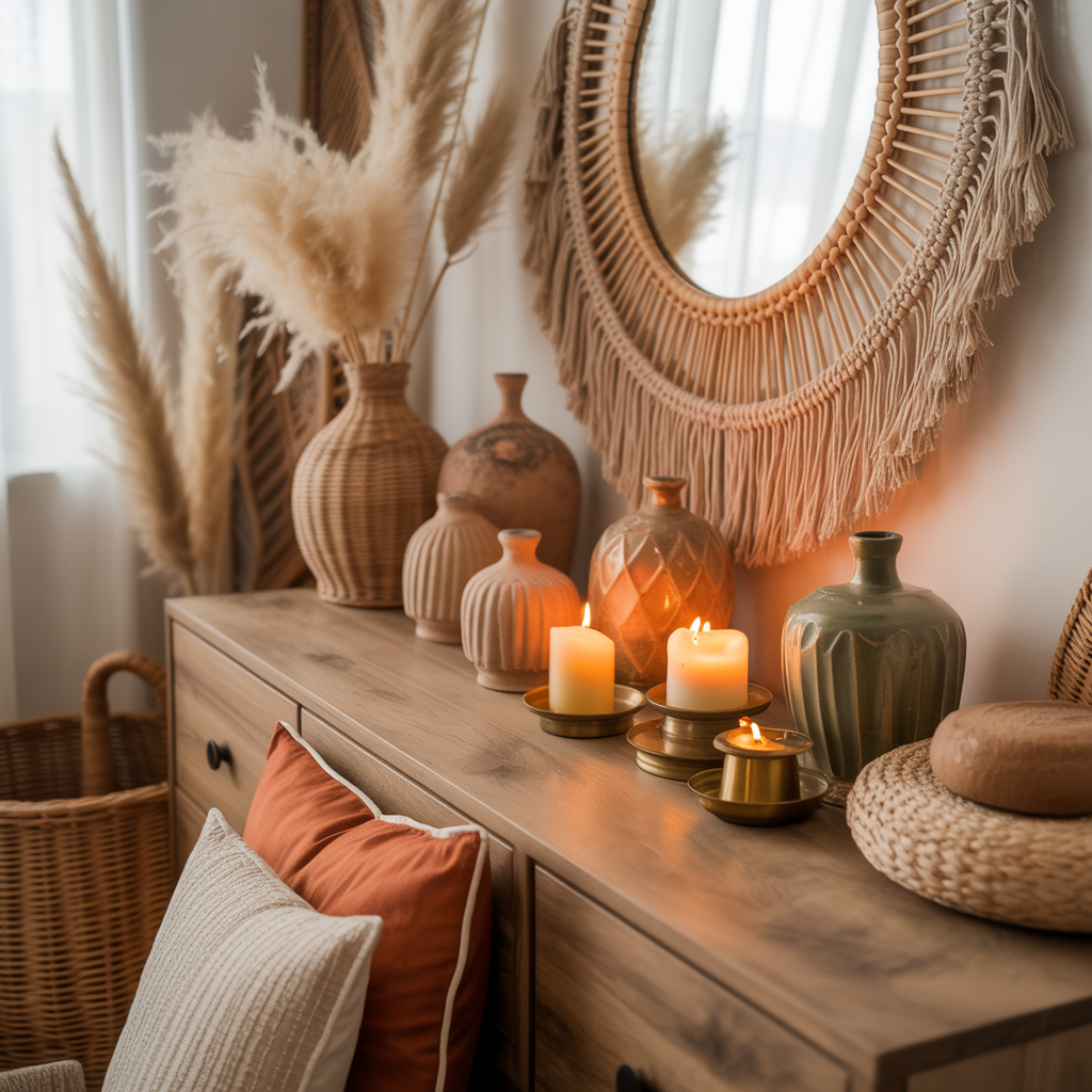 10 Dreamy Boho Bedroom Ideas for a Relaxing 2025 Sanctuary 12 Boho bedroom decorated with vases, candles, and handmade accessories.
