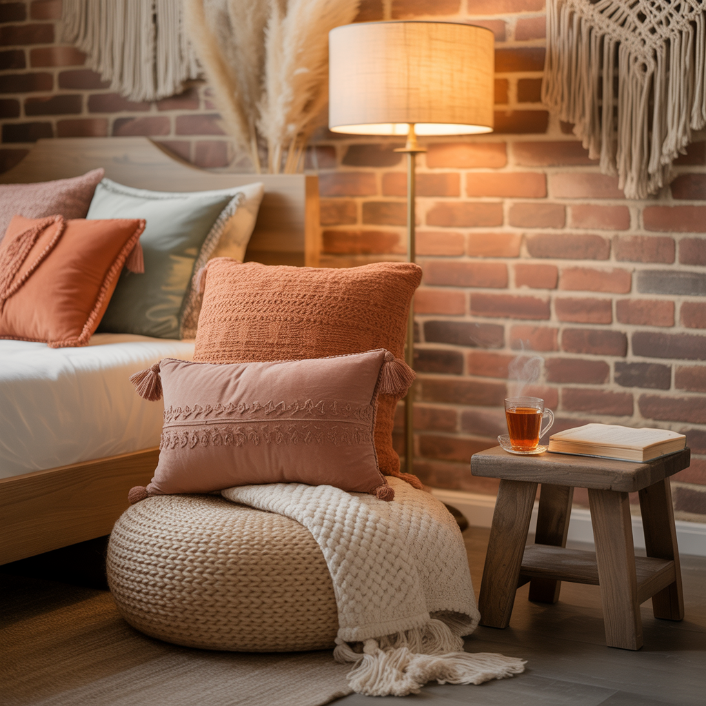 10 Dreamy Boho Bedroom Ideas for a Relaxing 2025 Sanctuary 10 Boho bedroom reading nook with pouf, cushions, and floor lamp.