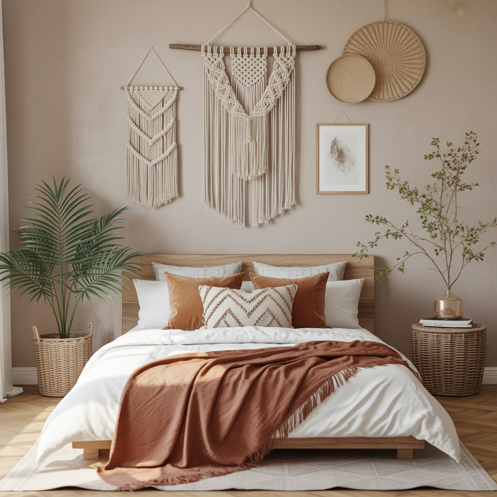 10 Dreamy Boho Bedroom Ideas for a Relaxing 2025 Sanctuary 8 Boho bedroom wall decorated with macramé hangings and framed prints.