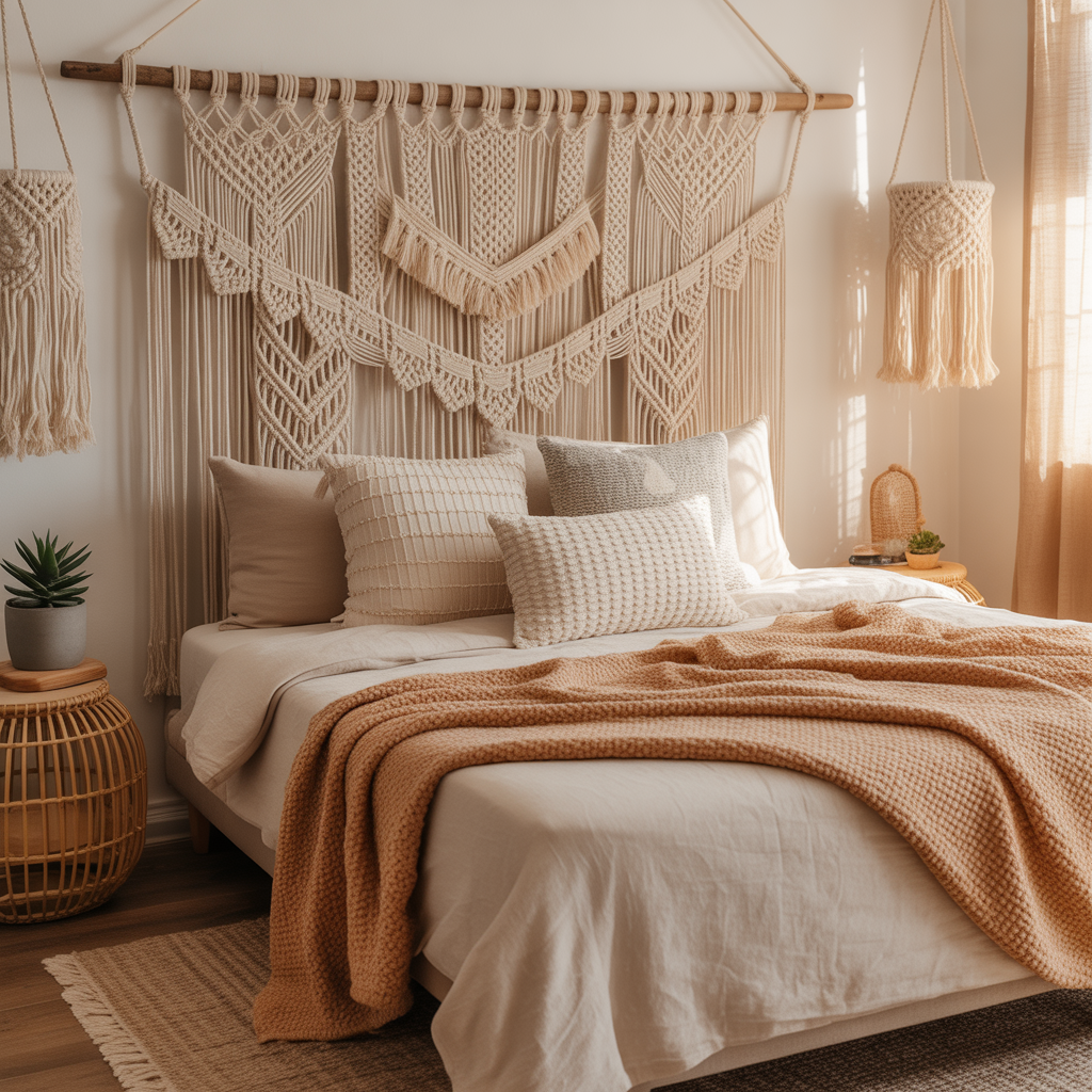 10 DIY Boho Headboard Ideas You Can Create in a Weekend 5 Boho bedroom with DIY macramé headboard above the bed.