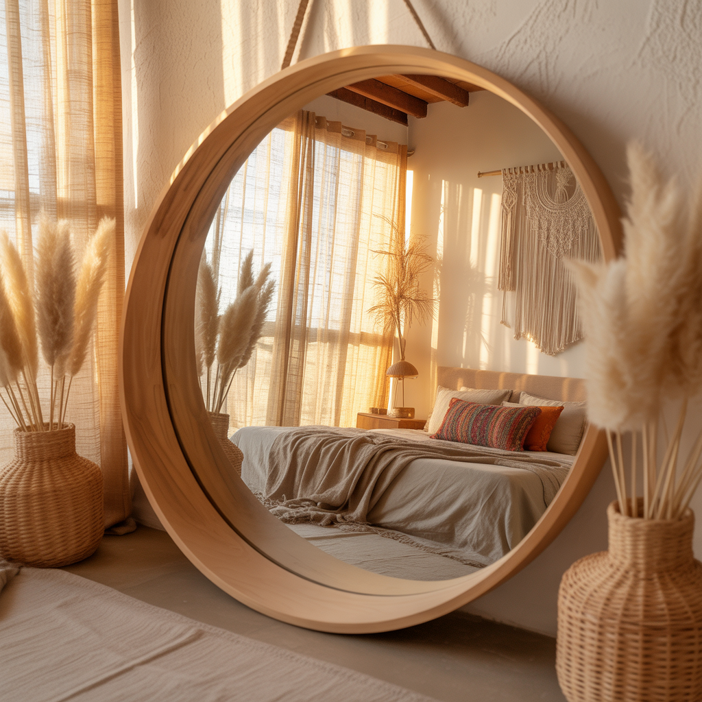 10 Dreamy Boho Bedroom Ideas for a Relaxing 2025 Sanctuary 11 Boho bedroom with a large wooden framed mirror reflecting natural light.