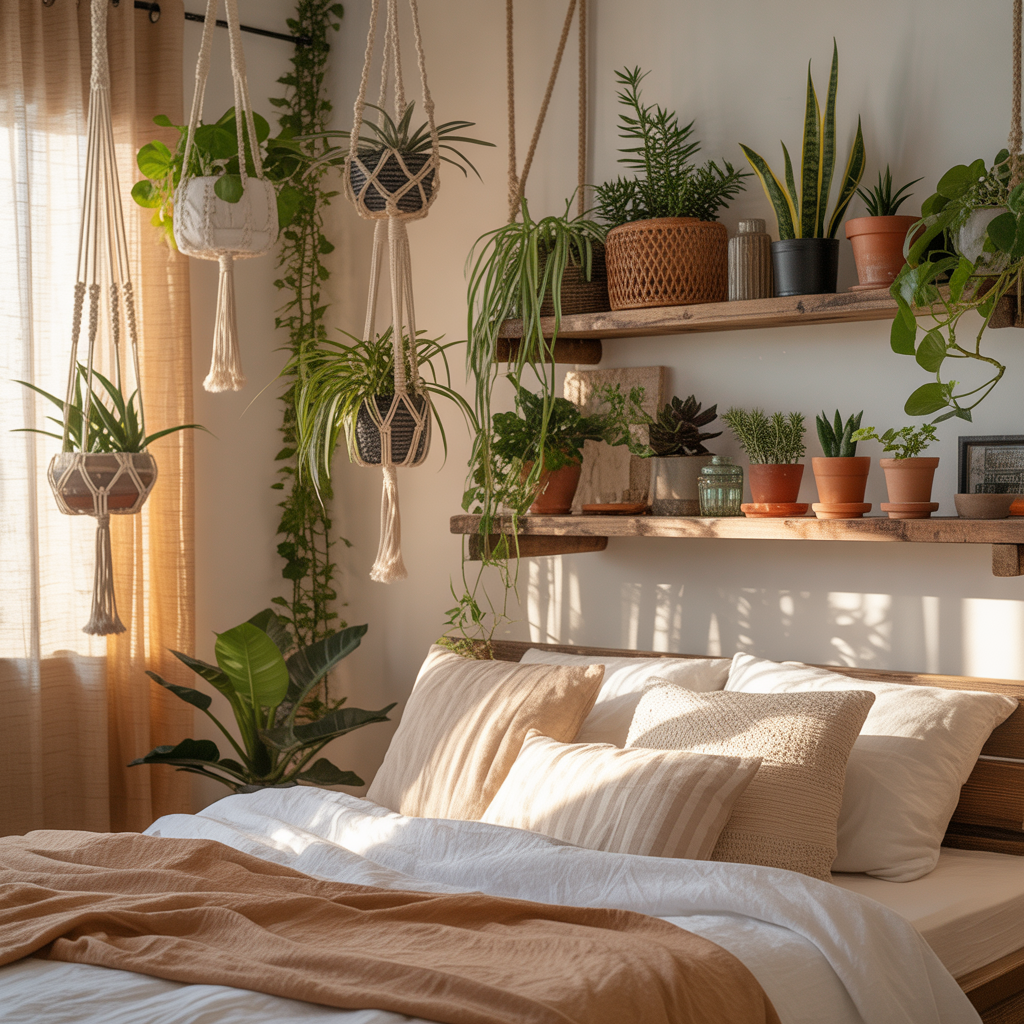 10 Dreamy Boho Bedroom Ideas for a Relaxing 2025 Sanctuary 6 Boho bedroom with hanging plants and potted greenery by the window.