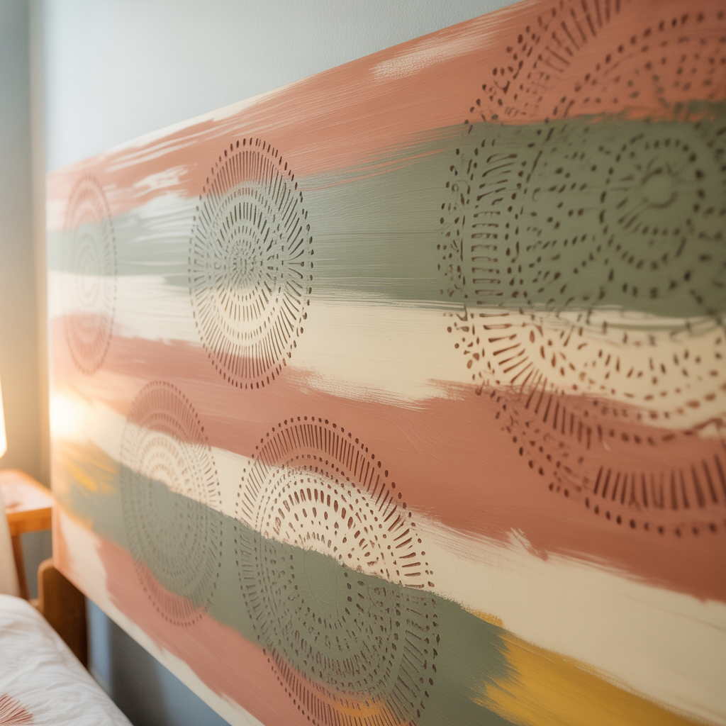 10 DIY Boho Headboard Ideas You Can Create in a Weekend 8 Boho bedroom with painted DIY headboard with geometric stencil pattern.