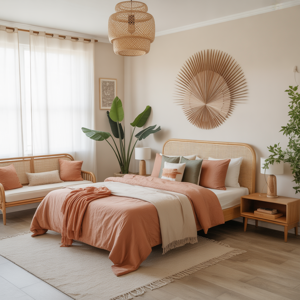 10 Dreamy Boho Bedroom Ideas for a Relaxing 2025 Sanctuary 3 Boho bedroom with terracotta, cream, and sage accents on walls and bedding.