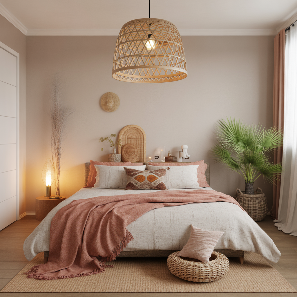 10 Dreamy Boho Bedroom Ideas for a Relaxing 2025 Sanctuary 7 Boho bedroom with woven pendant light and warm ambient lighting.