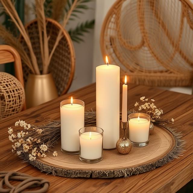 20 Modern Boho Home Décor Ideas for a Stylish 2025 Makeover 21 Boho candle setup on wooden table with dried flowers and rattan décor.