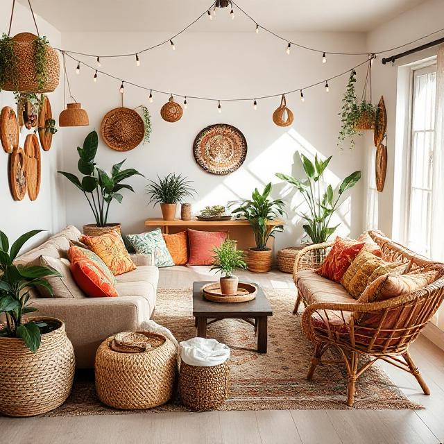 Boho décor ideas for a cozy and colorful living room with plants and handmade accents.