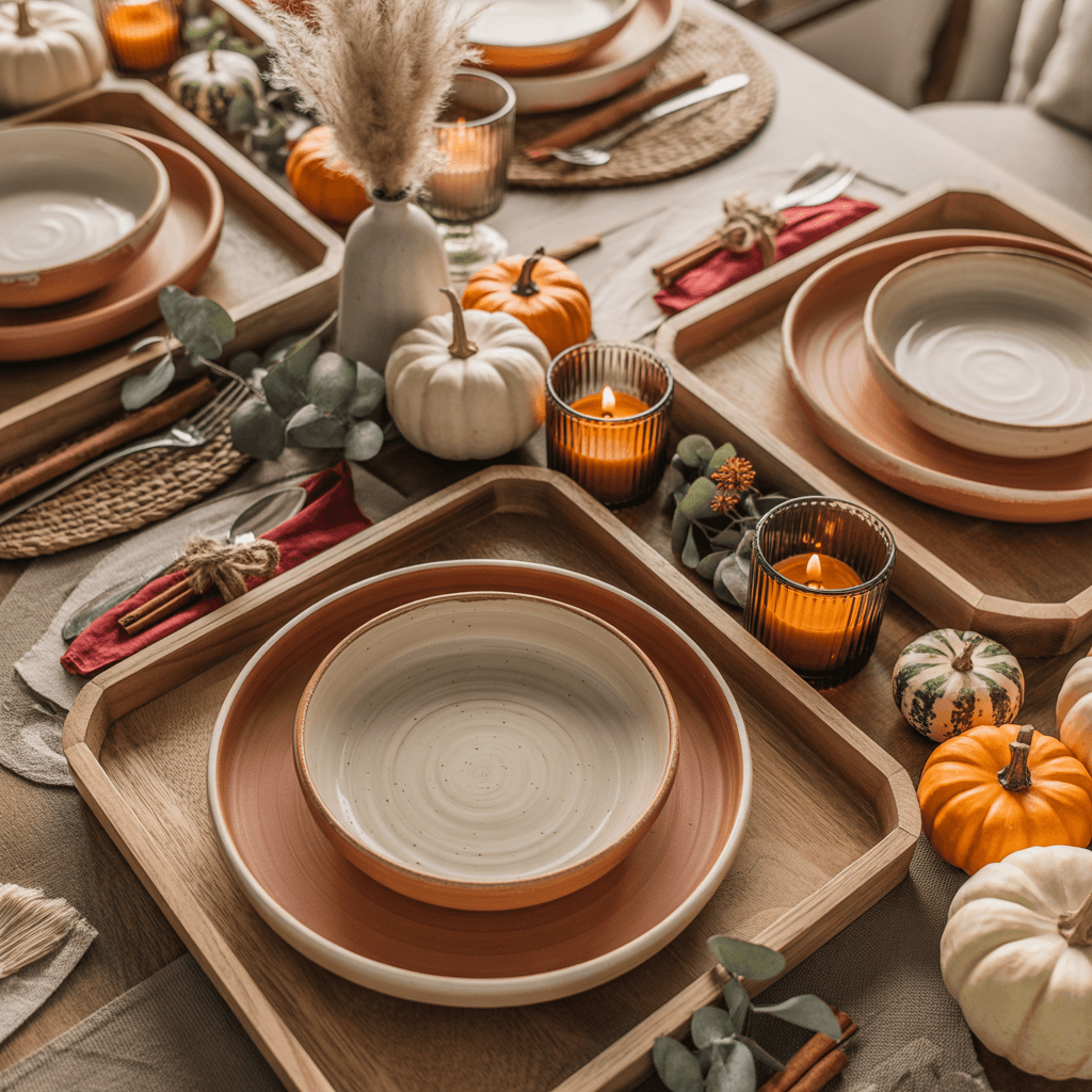 Boho earthenware dishes and rustic serving trays on Halloween table.