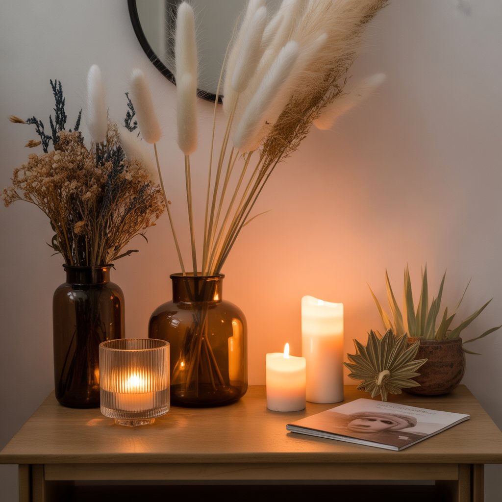 10 Boho Entryway Ideas 2025: Create a Warm Welcome on a Budget 12 Boho entryway with candles, dried flowers, and soft ambient lighting.