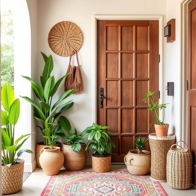 10 Boho Entryway Ideas 2025: Create a Warm Welcome on a Budget 7 Boho entryway with potted plants, woven baskets, and natural textures.