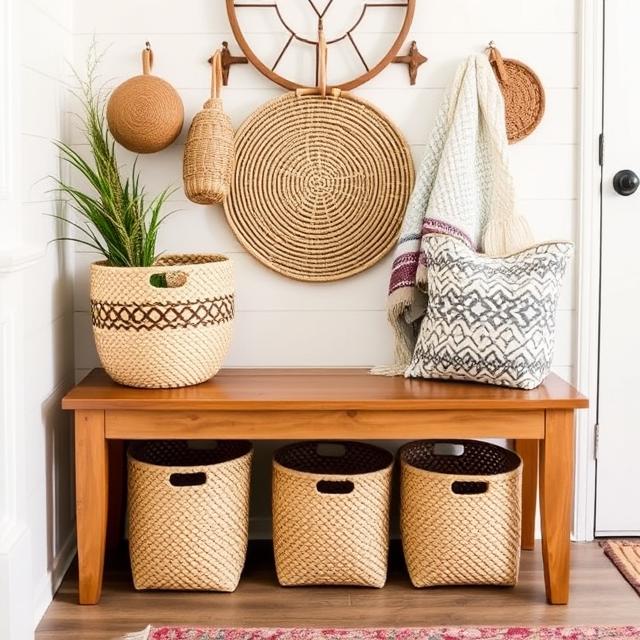 10 Boho Entryway Ideas 2025: Create a Warm Welcome on a Budget 9 Boho entryway with rattan baskets for storage under a wooden bench.