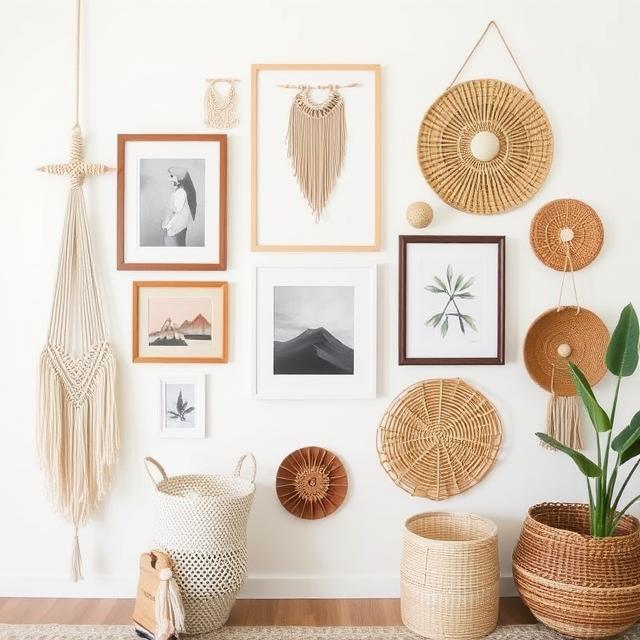 10 Boho Entryway Ideas 2025: Create a Warm Welcome on a Budget 6 Boho gallery wall with framed art, macramé décor, and woven baskets.