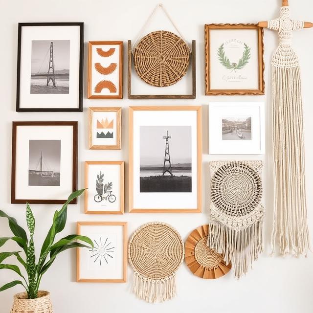 10 Genius Modern Boho Home Office Ideas for a Creative & Inspiring Workspace (2025) 6 Boho gallery wall with framed art, woven textures, and macramé décor.