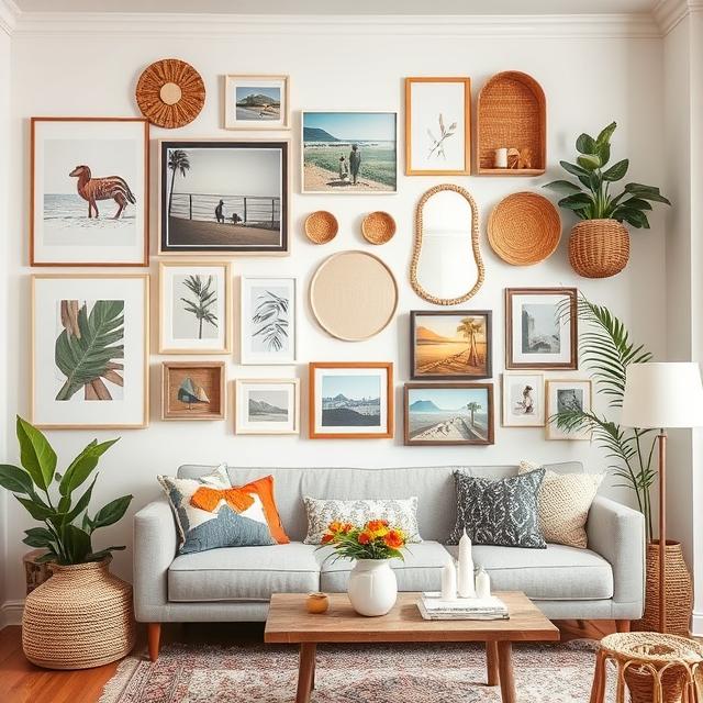 Boho gallery wall with mix of art prints, mirrors, baskets and framed photos, styled in a cozy living room
