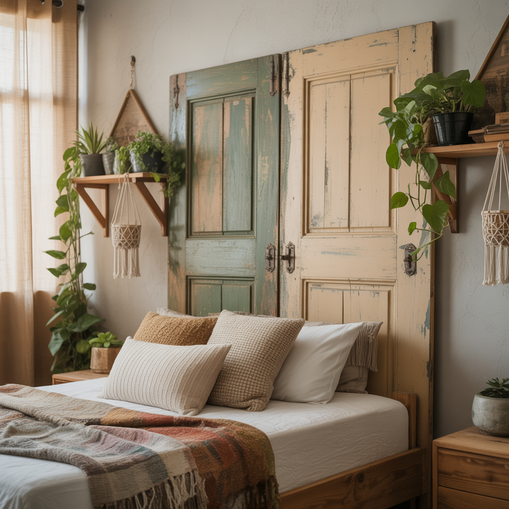 10 DIY Boho Headboard Ideas You Can Create in a Weekend 6 Boho headboard made from an upcycled wooden door in a bright bedroom.