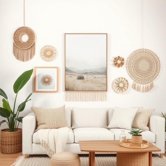 Boho-inspired living room wall with neutral abstract art, woven wall decor and plants, soft tones and natural textures