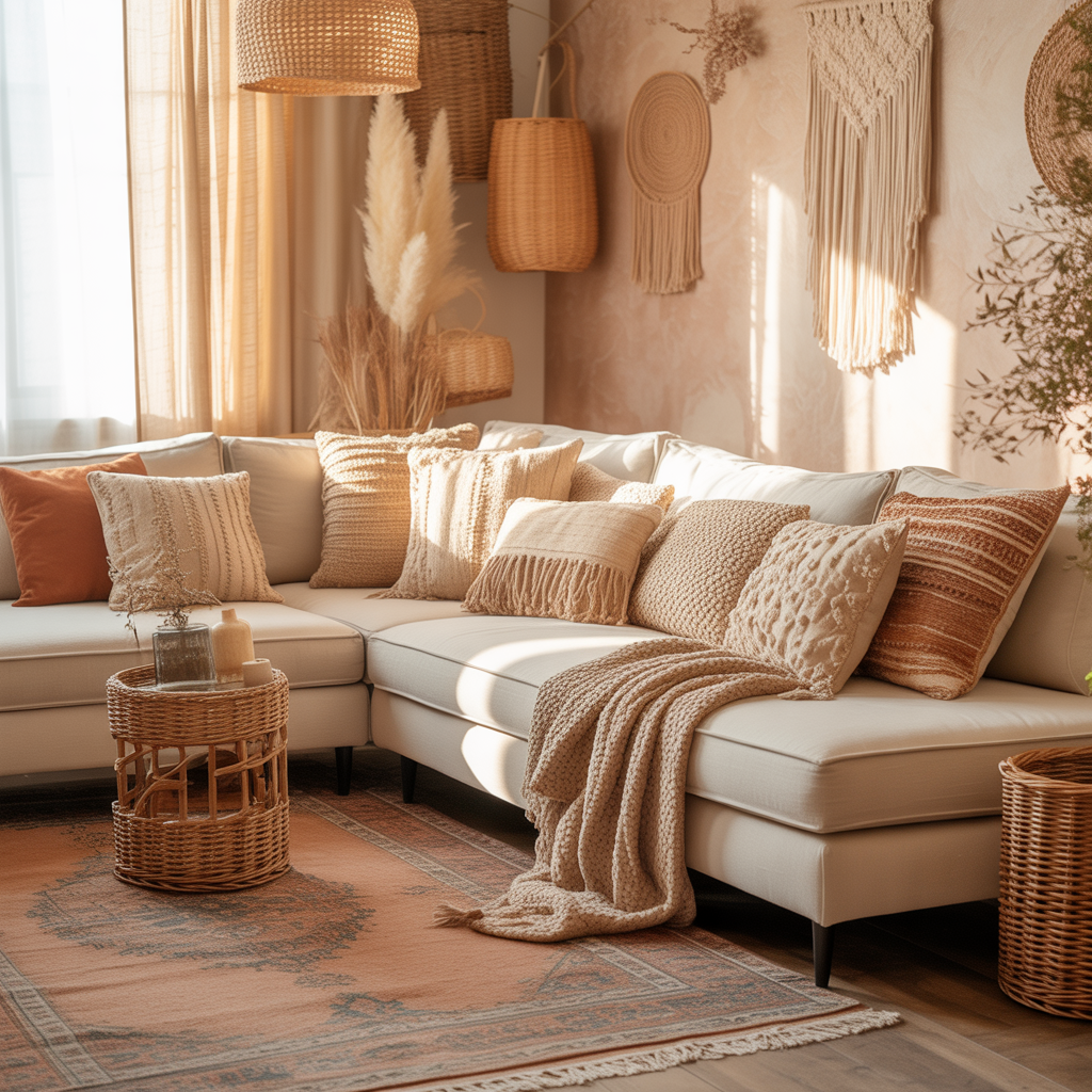 10 Boho Color Palettes to Refresh Your Space in 2025 13 Boho interior with layered textures and warm neutrals.