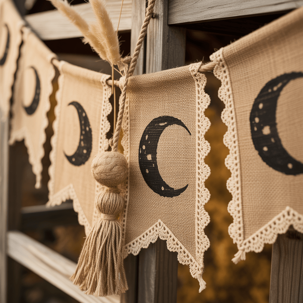 Boho lace and burlap Halloween banner with moon stencils.