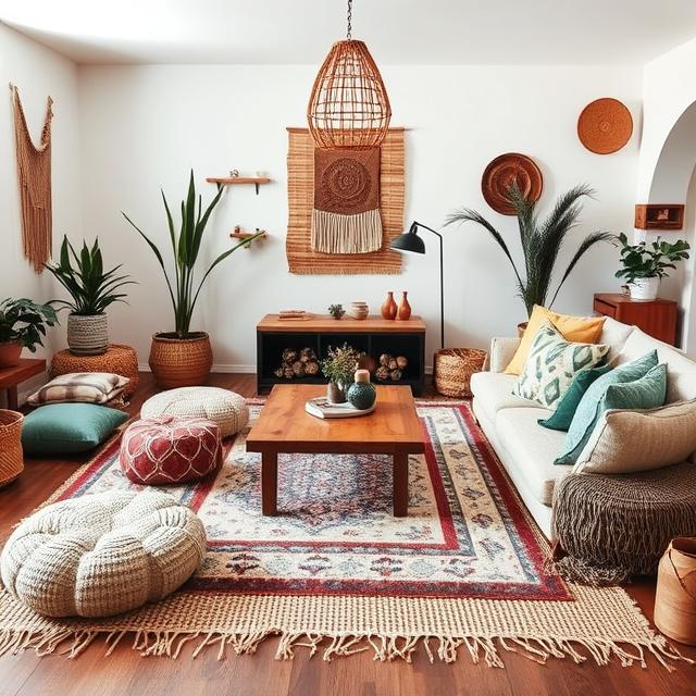 Boho living area with floor cushions, poufs, layered rugs, and low wooden coffee table, soft lighting, relaxed style
