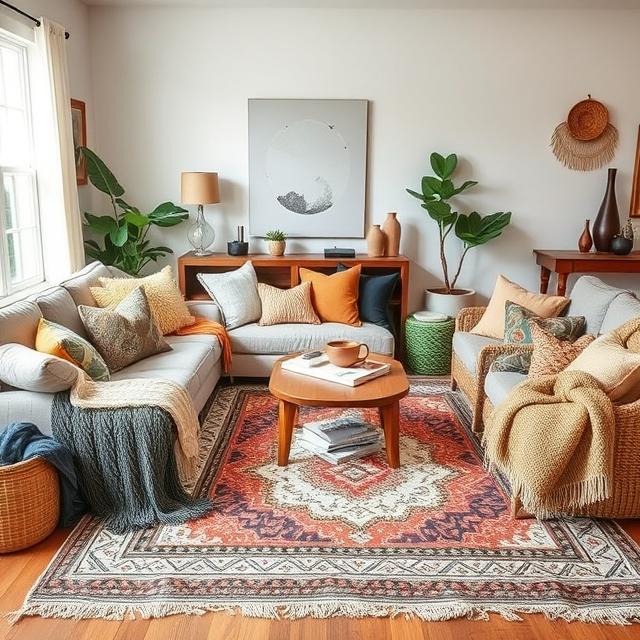 Boho living room with layered throw pillows, patterned rugs, and cozy blankets in earthy tones, casual seating, natural light
