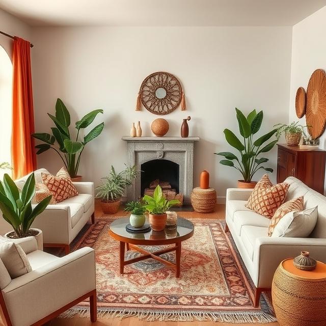 Boho living room with terracotta and sage accents, neutral furniture, plants and textured decor