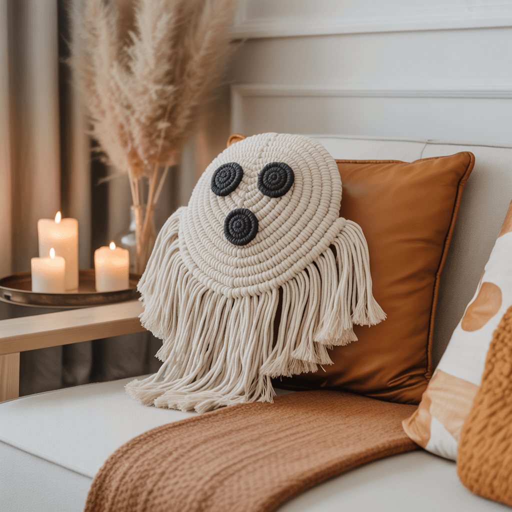 Boho macramé spider web pillow cover on beige sofa for Halloween décor.