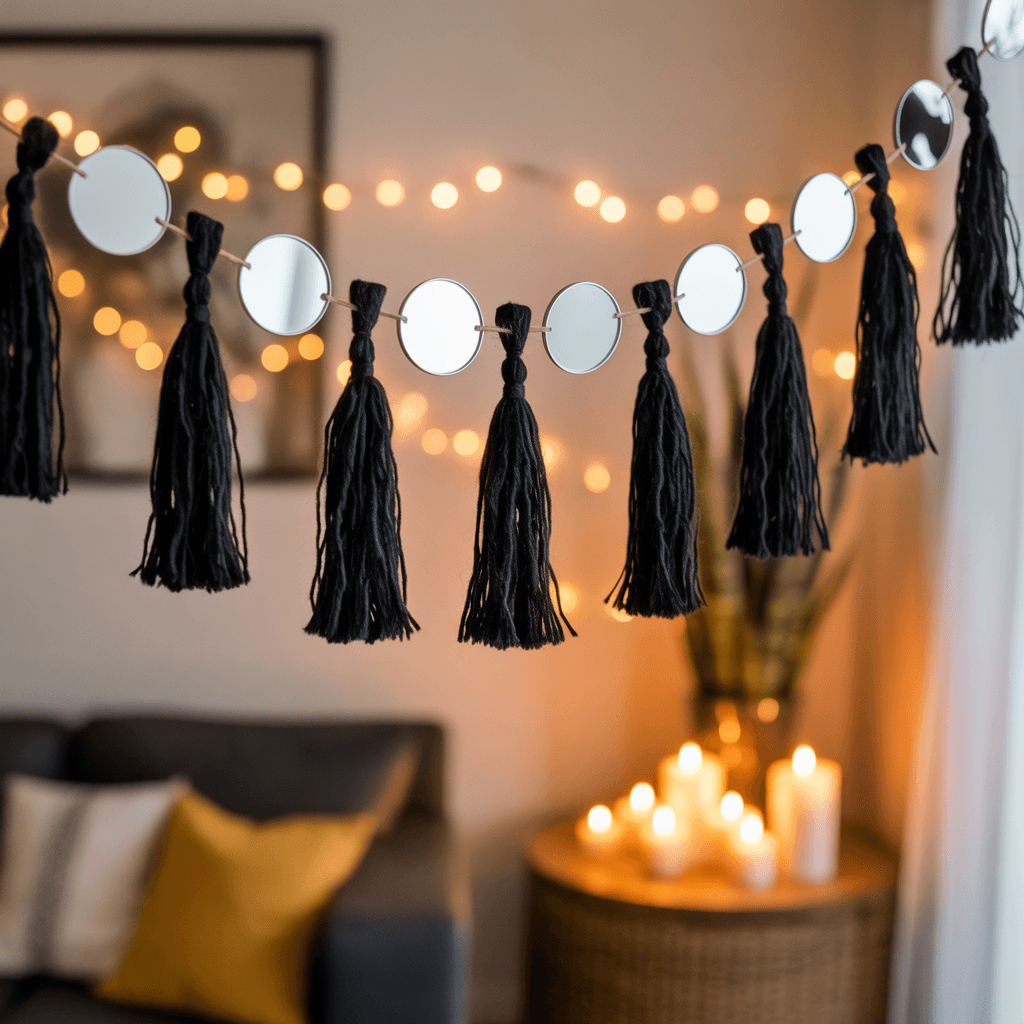 Boho mirror charm garland with black tassels.