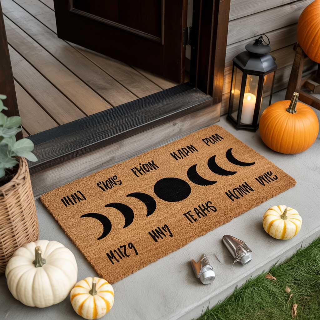 10 Cozy DIY Halloween Boho Door Mats for a Welcoming Entry 3 Boho moon phase Halloween doormat with black crescent designs on a natural coir base.