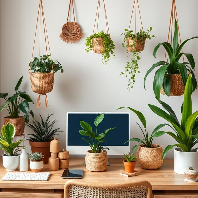 10 Genius Modern Boho Home Office Ideas for a Creative & Inspiring Workspace (2025) 5 Boho office with desk plants in woven baskets and hanging planters.