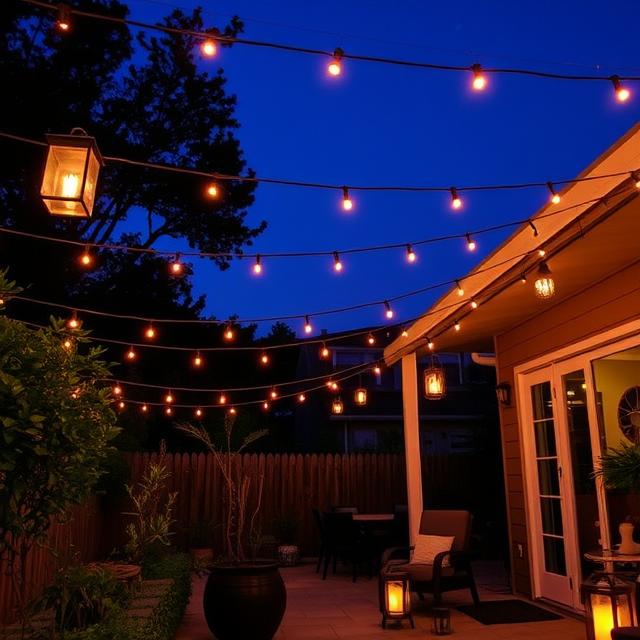 10 Outdoor Boho Patio Ideas for a Cozy Backyard Retreat (2025) 6 Boho patio at night with hanging string lights and glowing lanterns.