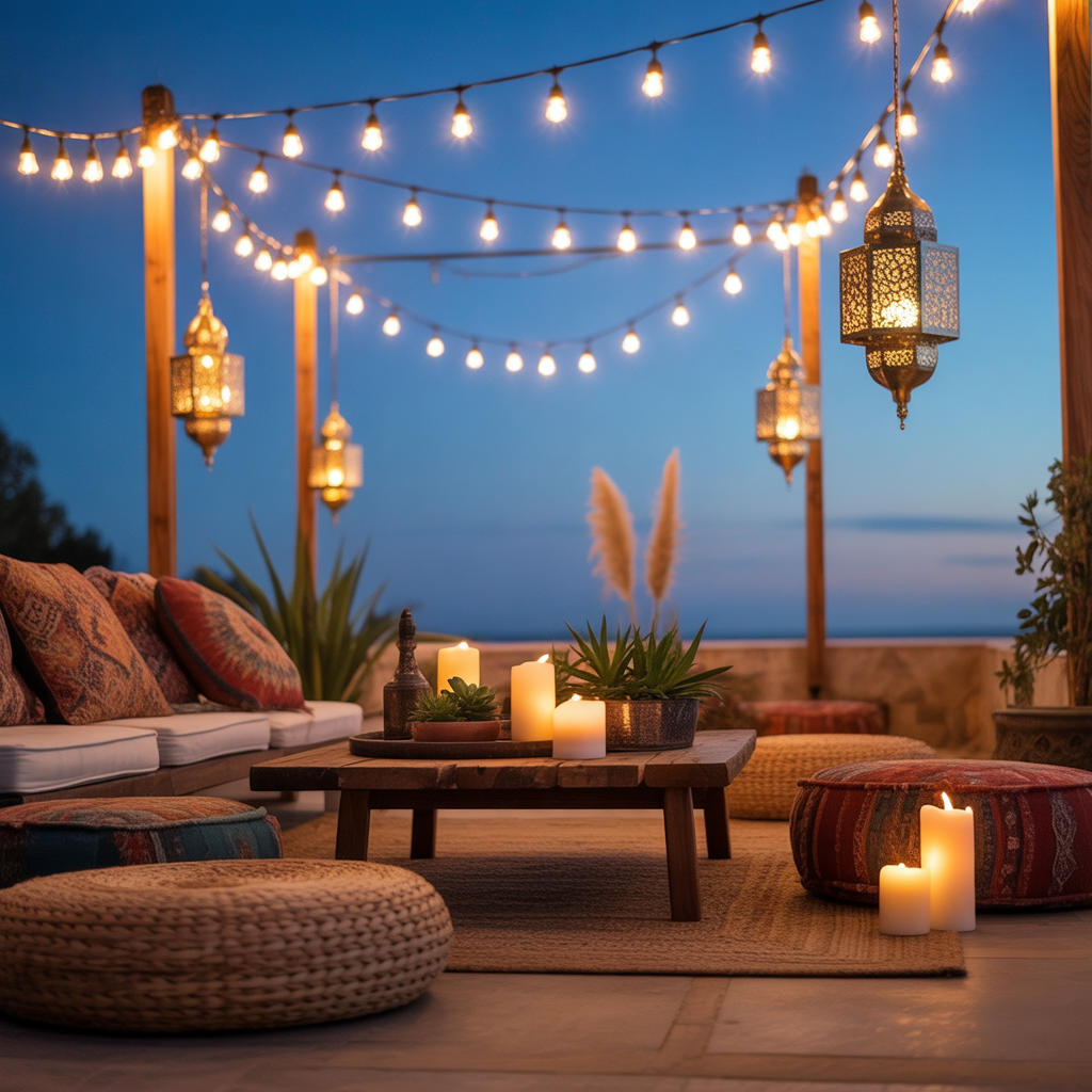 Outdoor Boho Patio Ideas for a Cozy Backyard Retreat 6 Boho patio glowing with fairy lights, Moroccan lanterns, and candles at dusk.
