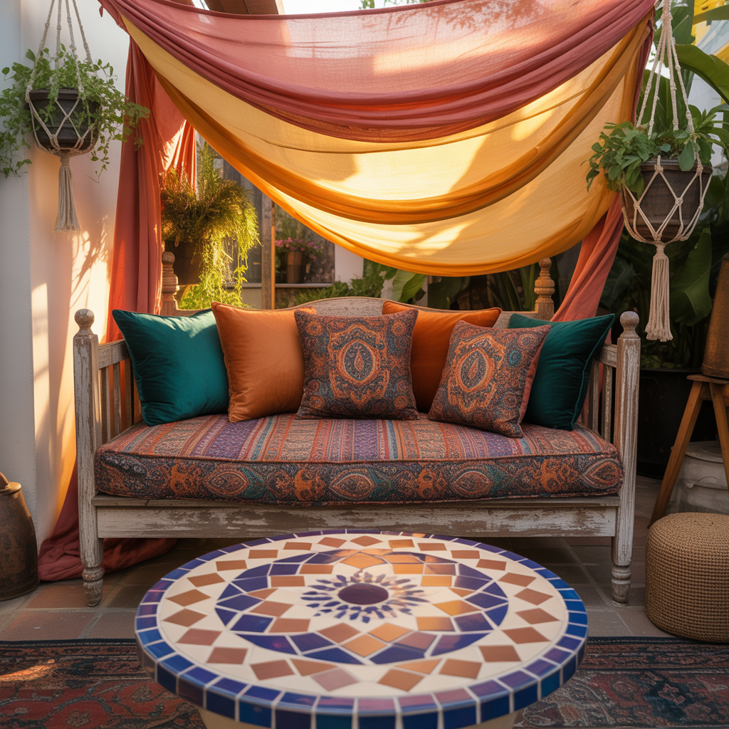 Outdoor Boho Patio Ideas for a Cozy Backyard Retreat 8 Boho patio with a vintage daybed, colorful canopy, and mosaic table as a statement piece.