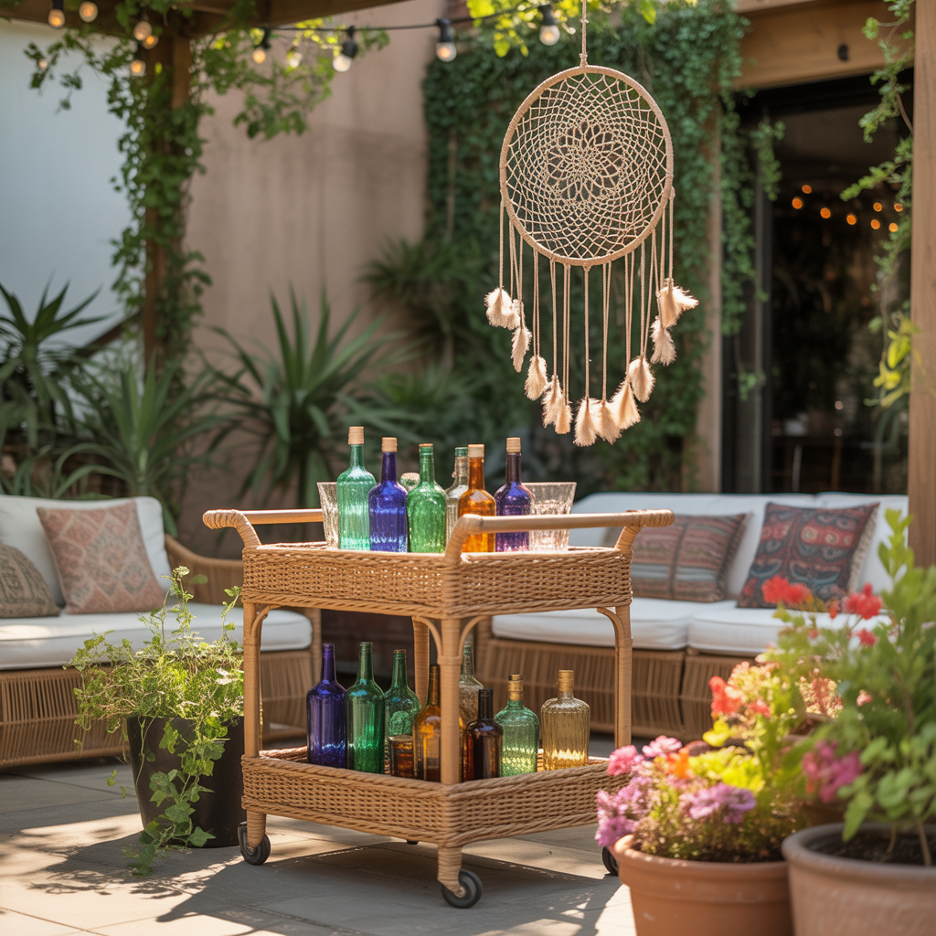 Outdoor Boho Patio Ideas for a Cozy Backyard Retreat 11 Boho patio with a wicker bar cart, dreamcatcher, and colorful glass bottles