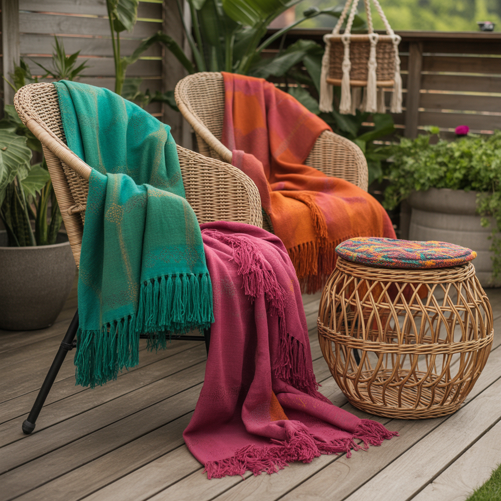 Outdoor Boho Patio Ideas for a Cozy Backyard Retreat 7 Boho patio with colorful fringed throws draped over wicker chairs and a storage basket.